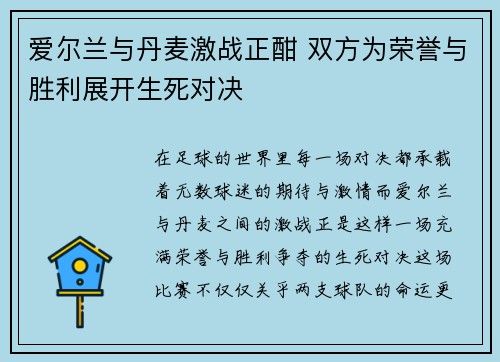 爱尔兰与丹麦激战正酣 双方为荣誉与胜利展开生死对决