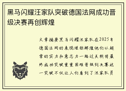 黑马闪耀汪家队突破德国法网成功晋级决赛再创辉煌